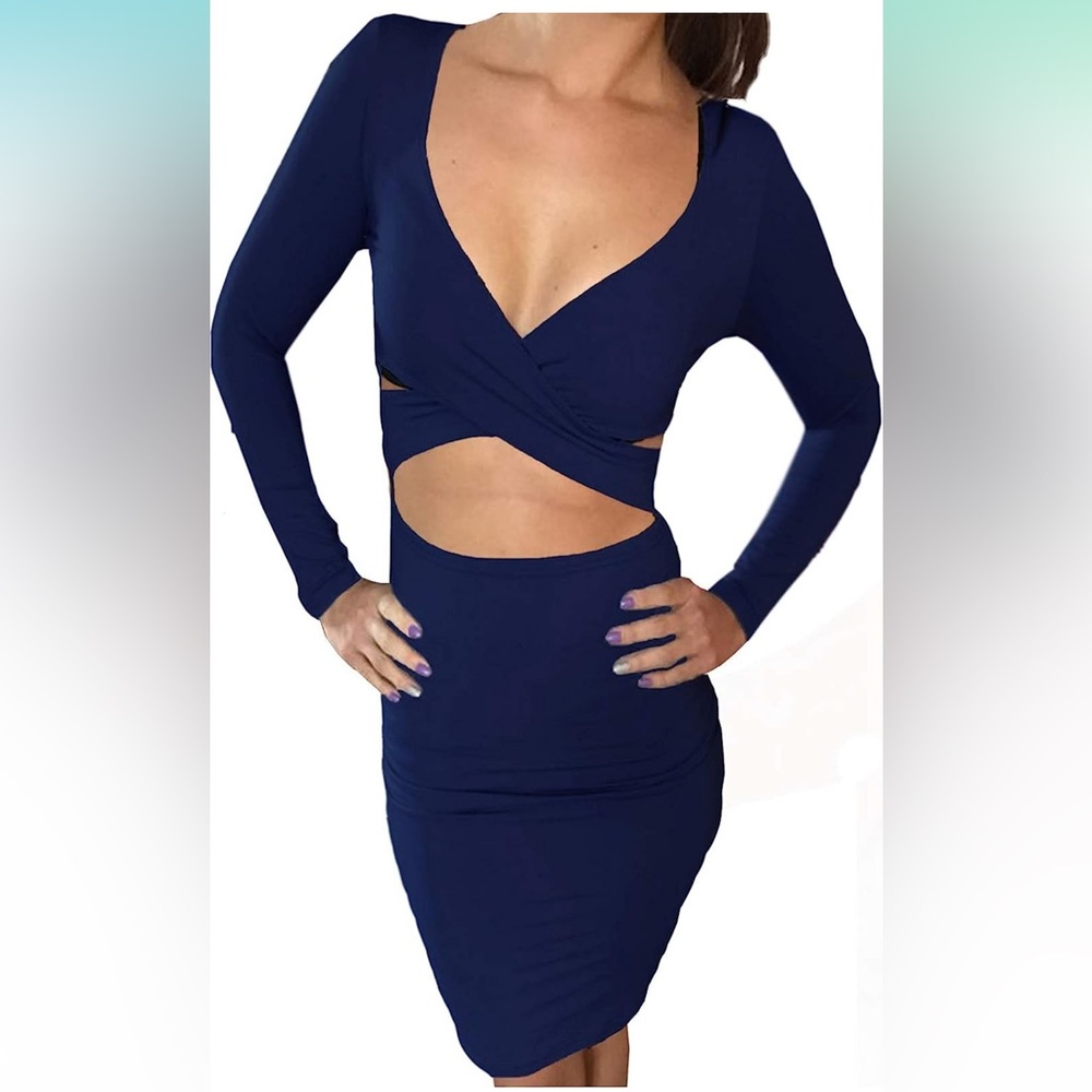 Memorose Womens Sexy Long Sleeve Cut-Out Bandage Body Clubwear Midi Dress Navy
